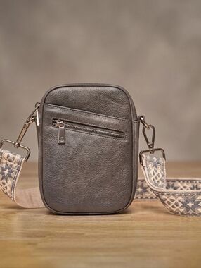 NWT Vegan Leather Crossbody Bag Dark Grey w Boho Guitar Strap Geometric Pattern